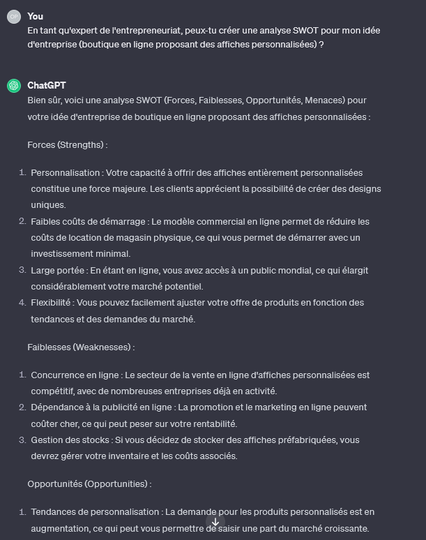 Prompt ChatGPT pour générer une analyse SWOT