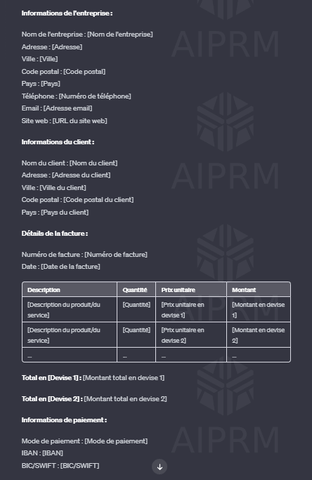 Prompt ChatGPT pour générer une facture