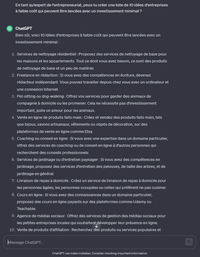 Prompt ChatGPT pour générer des idées d'entreprises