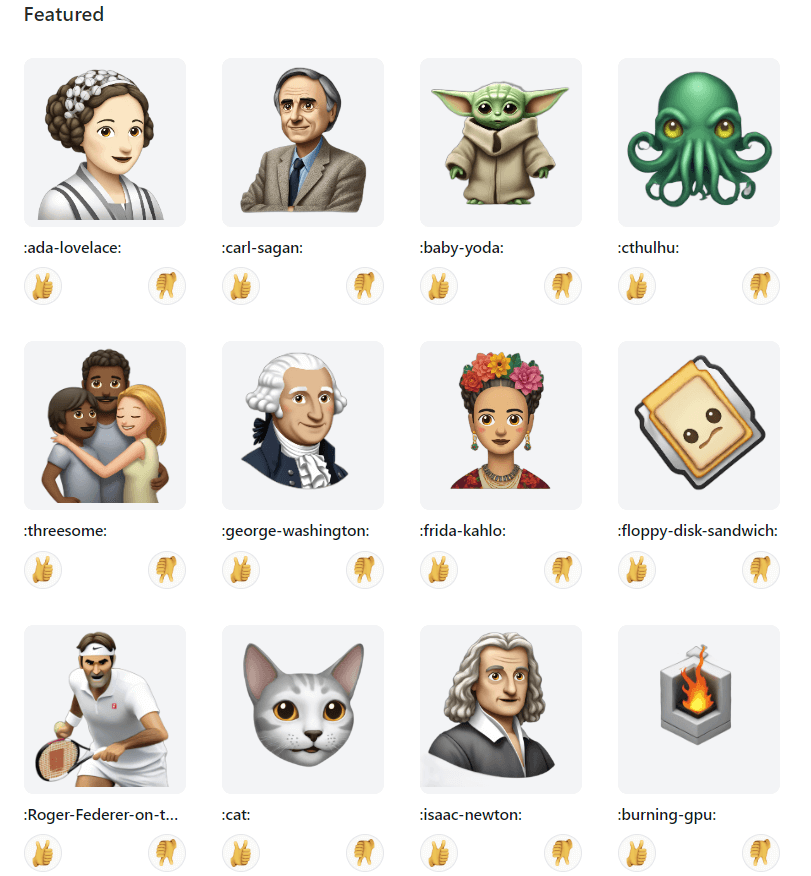 Exemples d'emojis créés avec l'outil IA, EmojiGen