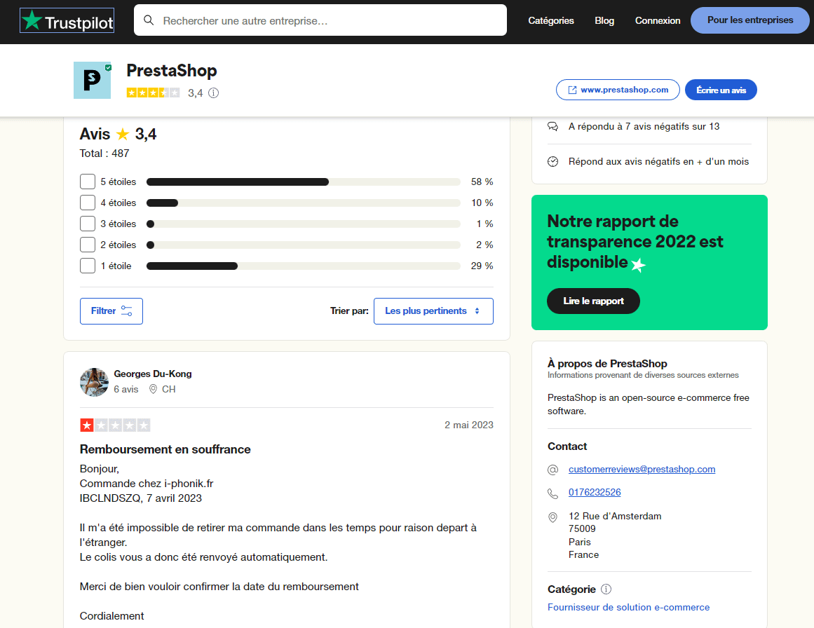 Avis Trustpilot de PrestaShop