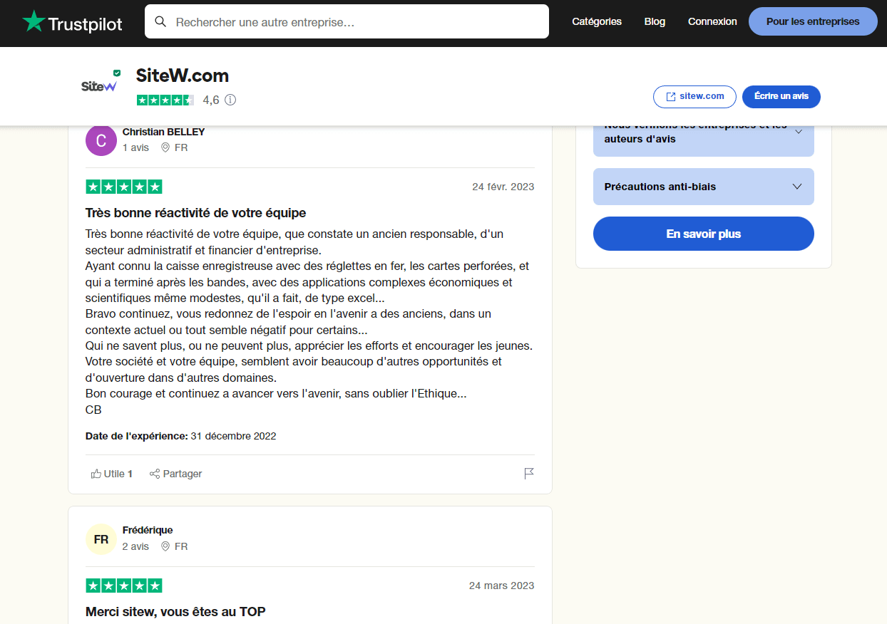 Avis Trustpilot sur SiteW