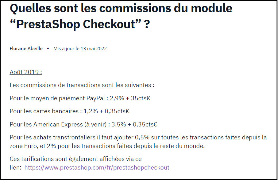 Commissions du module "PrestaShop Checkout"