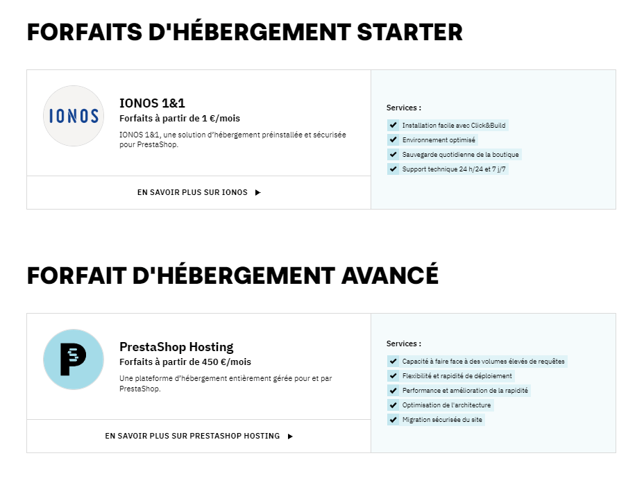 Forfaits d'hébergement Starter de PrestaShop