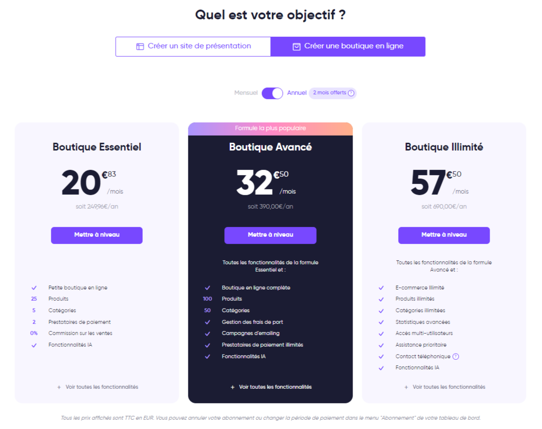 Formules SiteW pour créer une boutique en ligne