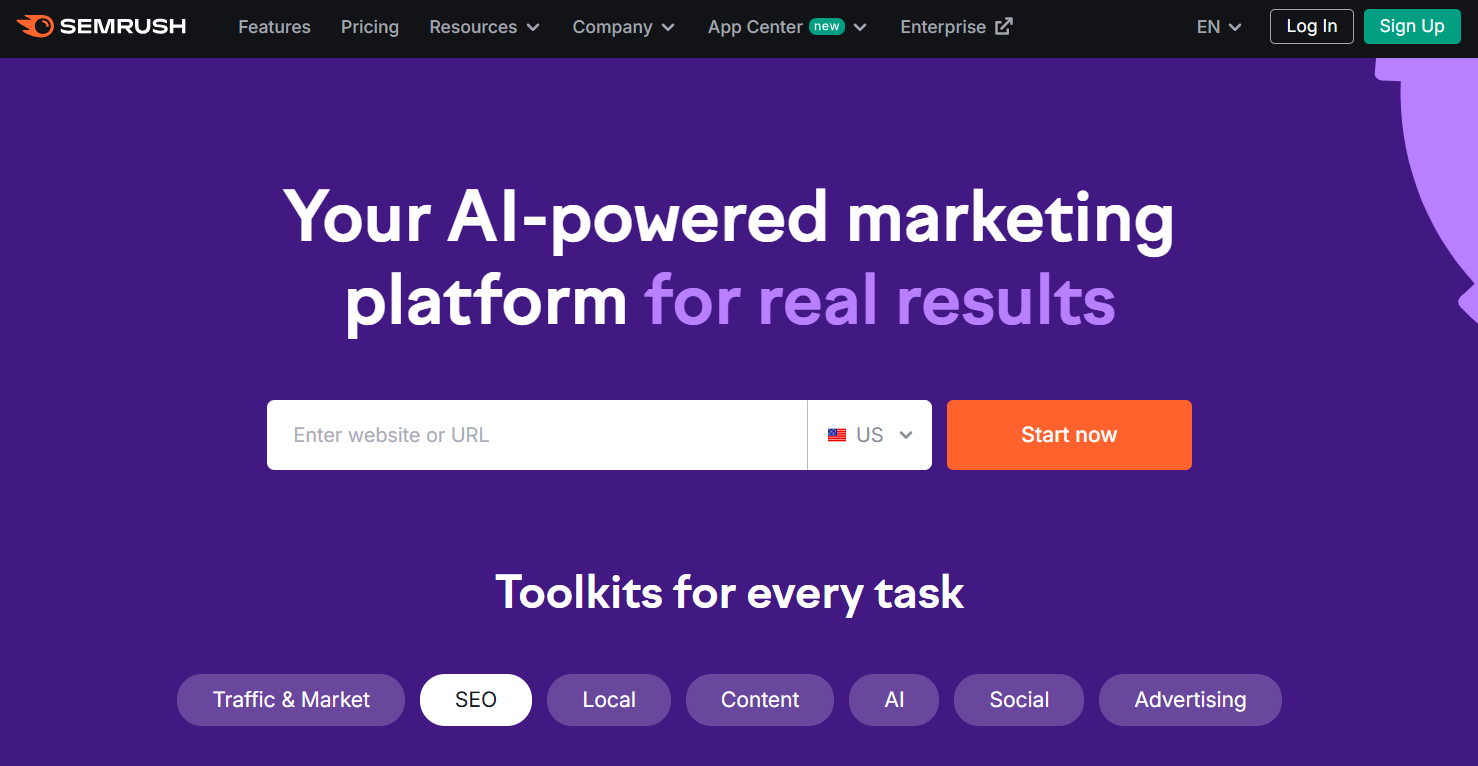 Homepage of SEMrush