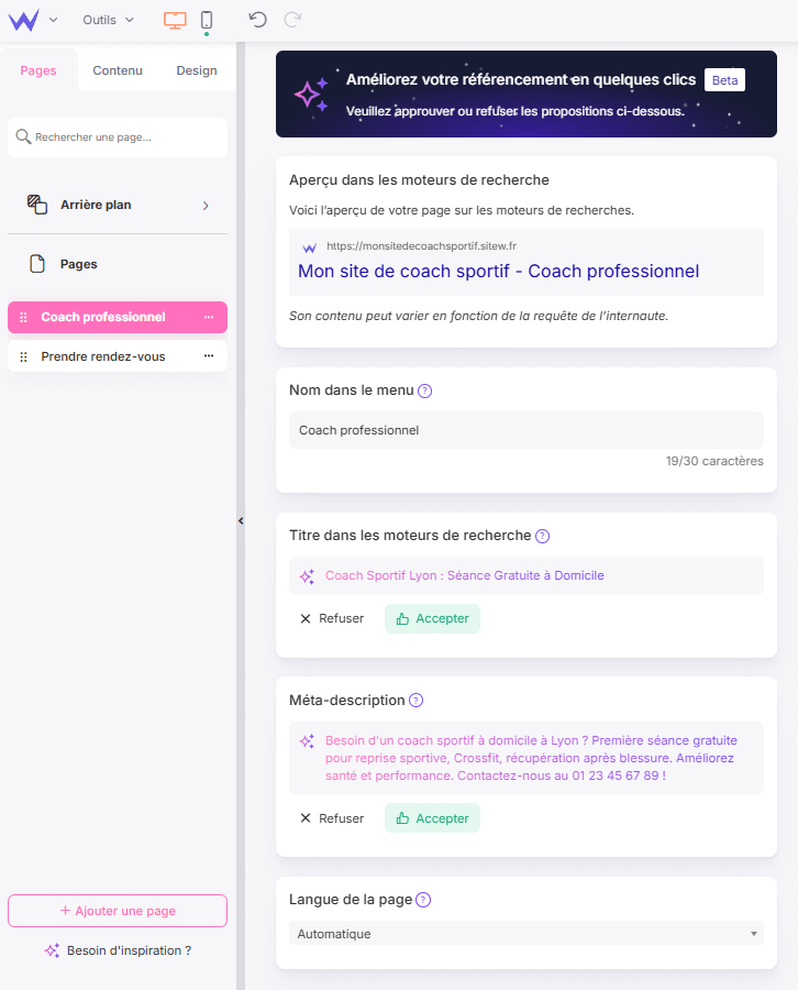 IA SEO sur SiteW fonction IA SEO sur SiteW