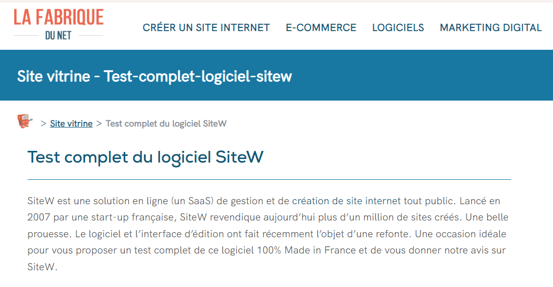 Test de SiteW sur le site La Fabrique du Net