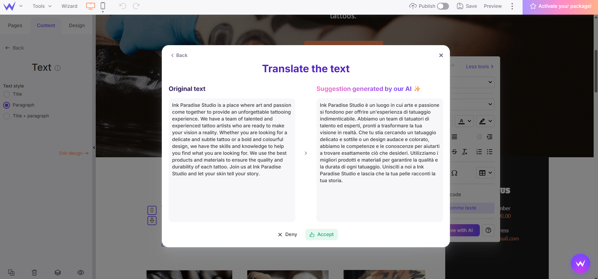 AI translator on SiteW SiteW AI feature for translation