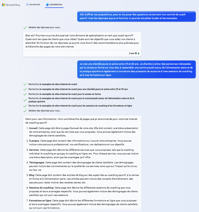 Questions posées au chat de Bing pour créer le plan d'un site