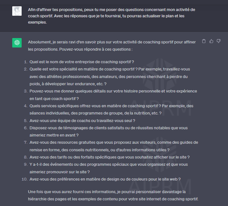 Questions posées à ChatGPT pour élaborer la structure de son site