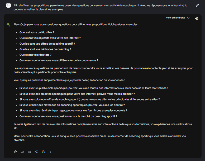 Questions posées à Bard pour créer le plan d'un site