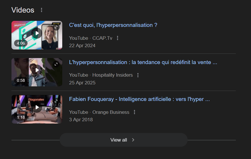section vidéos sur Google