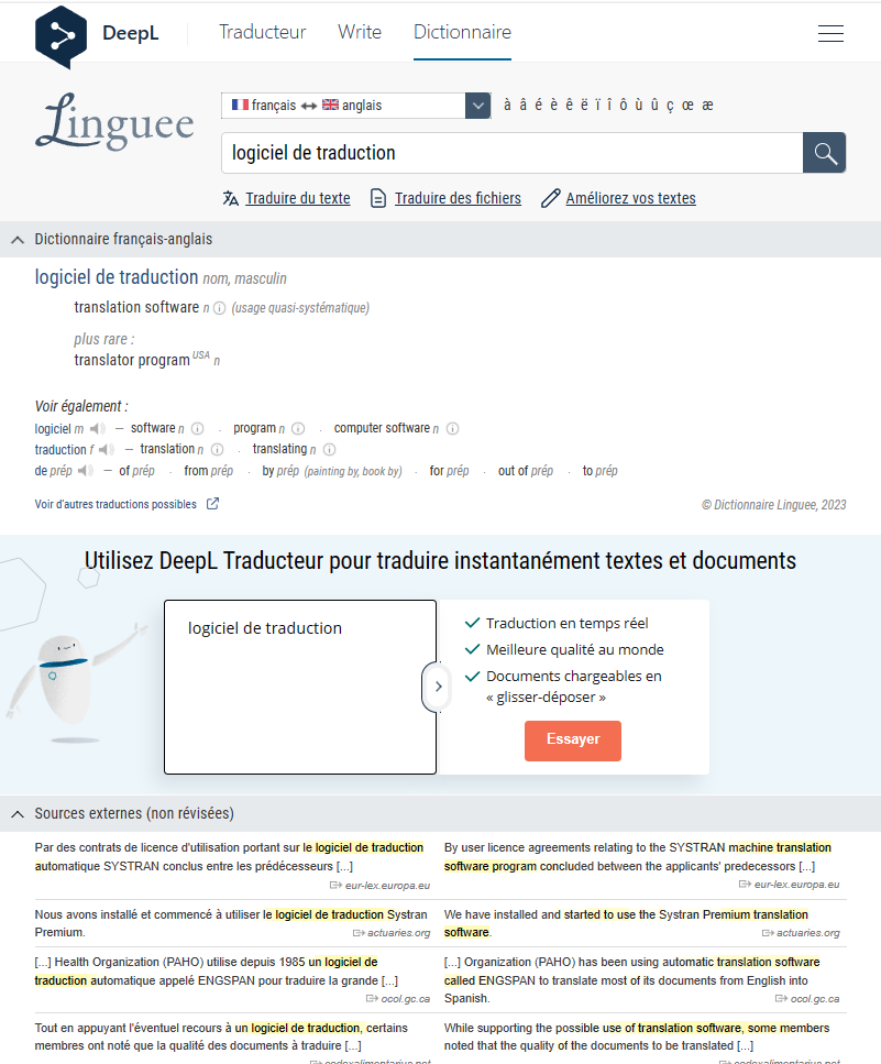 Logiciels de traduction IA : Linguee