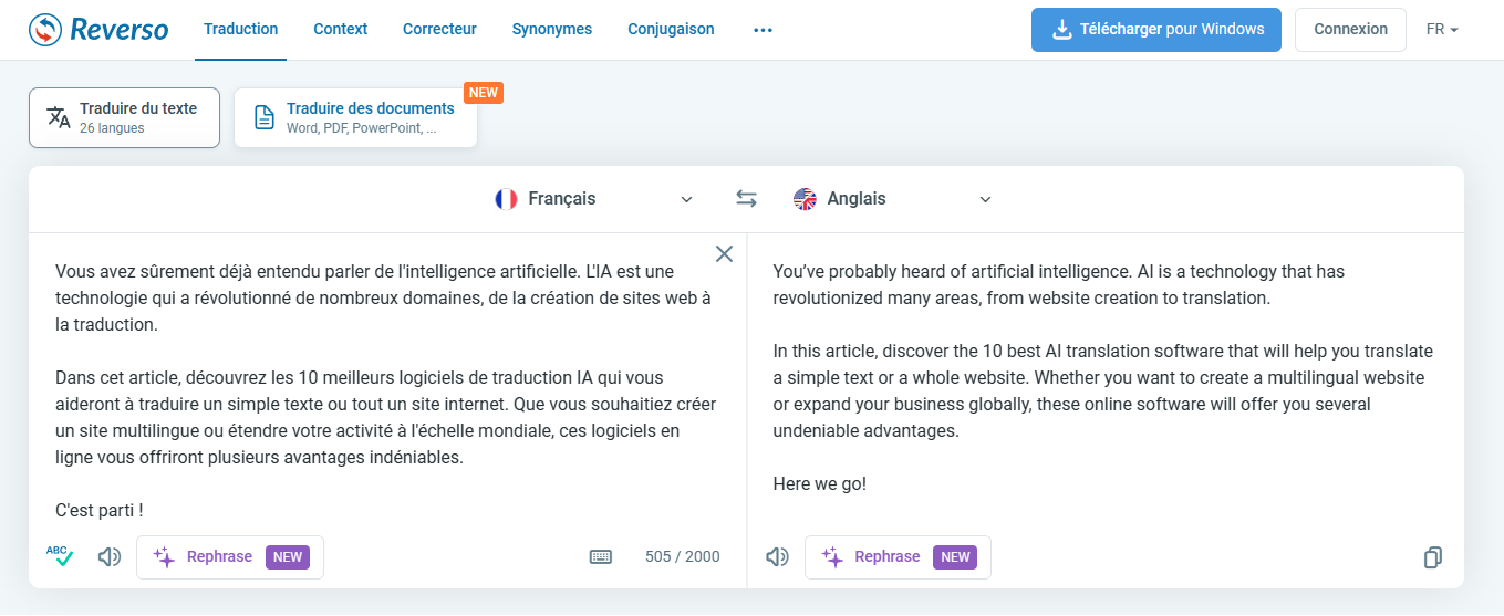 Logiciels de traduction IA : Reverso
