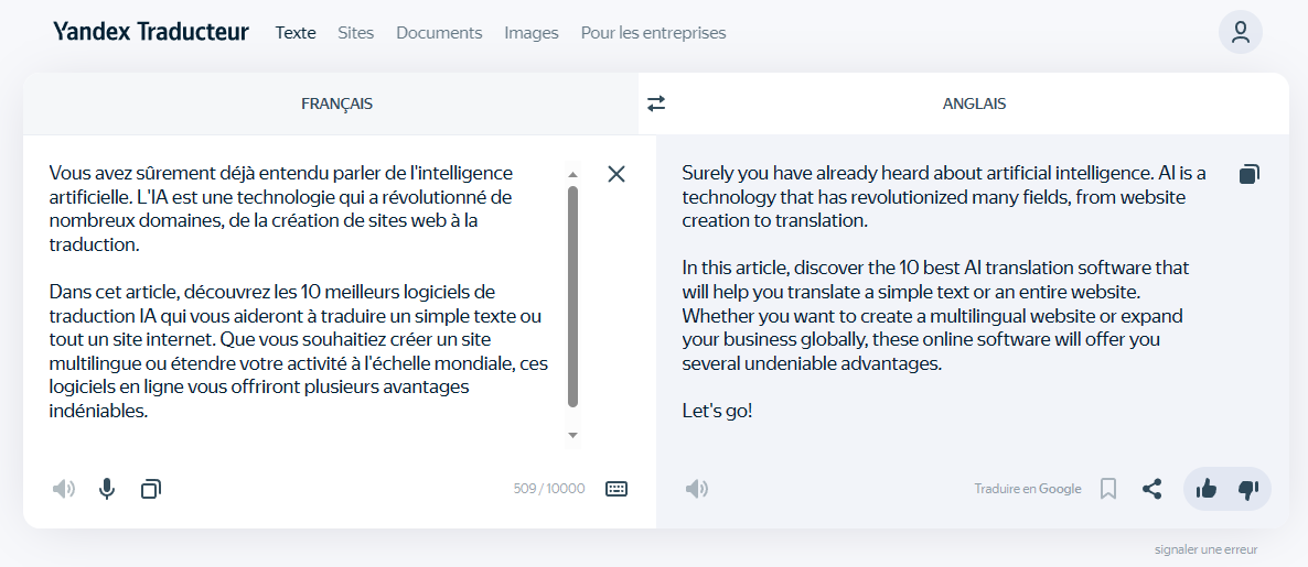 Logiciels de traduction IA : Yandex Translate