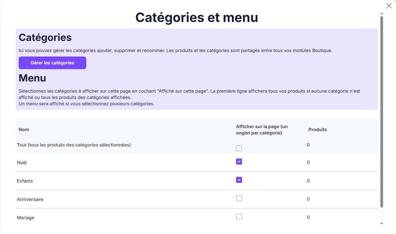 catégories produits boutique en ligne