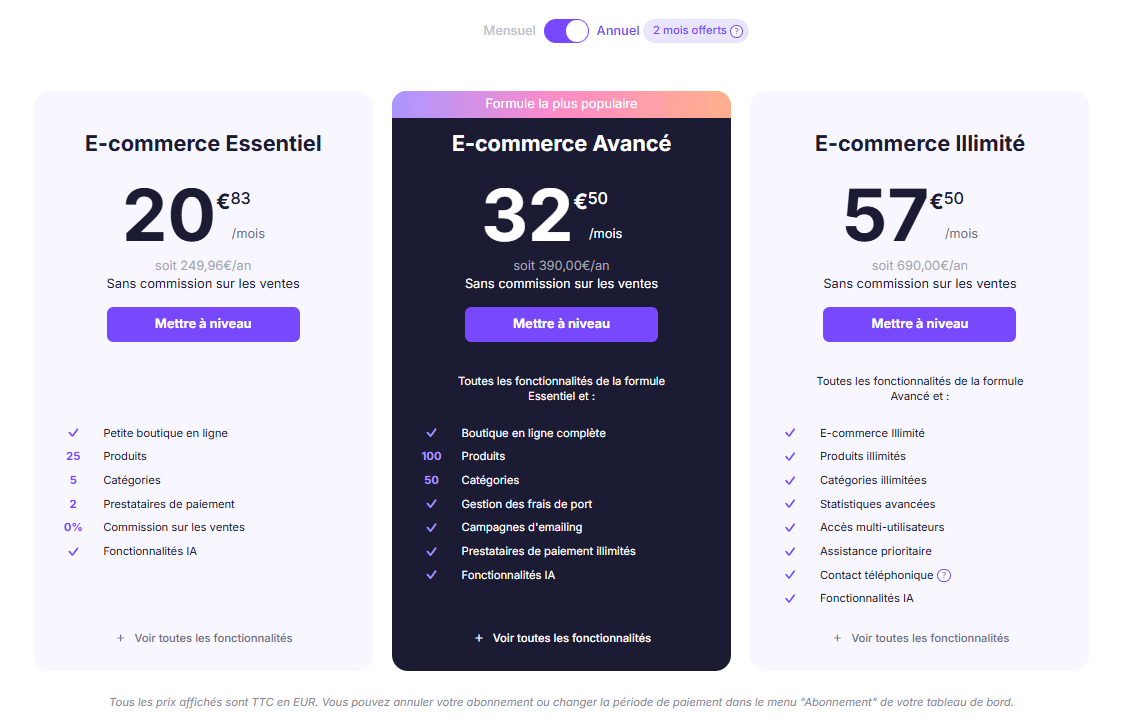 tarifs e-commerce SiteW