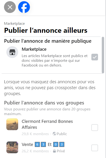 Choisir le groupe Facebook de ventes