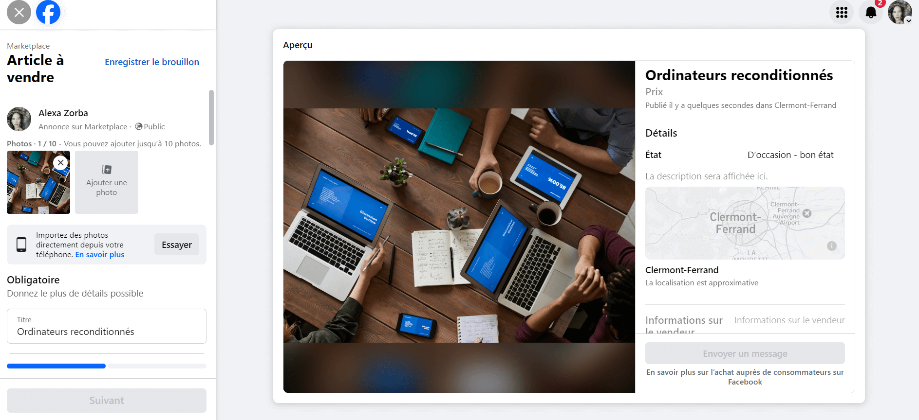 Exemple de fiche produit sur Facebook Marketplace