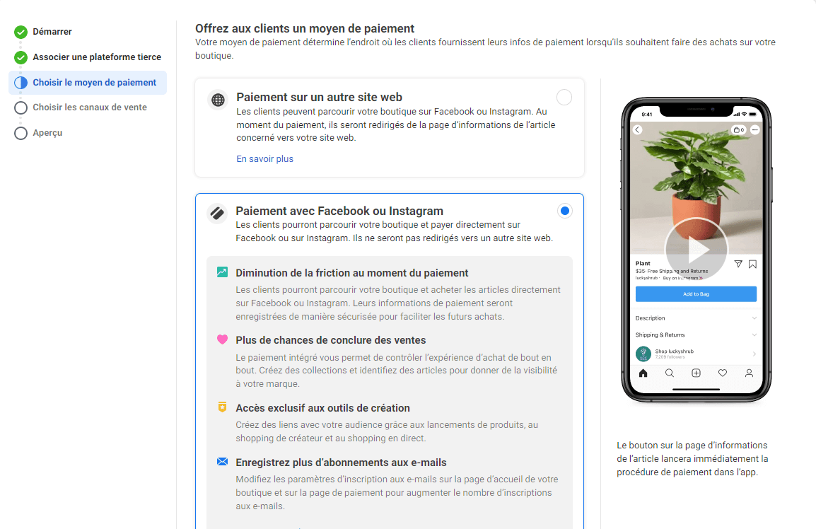Etape 2 : Choisir la méthode de paiement pour sa boutique Facebook