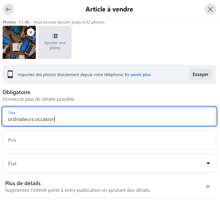 Champs à remplir pour vendre un article sur le groupe de vente Facebook