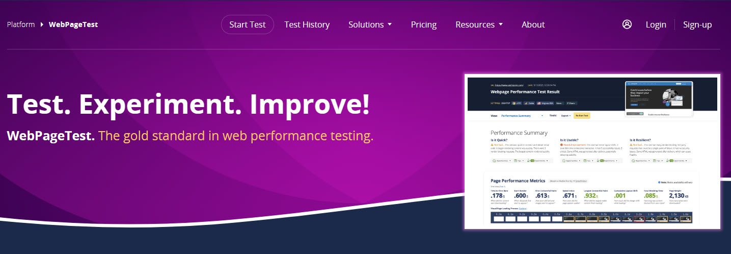 Outils de mesure de la vitesse de chargement d'un site web : WebPage Test