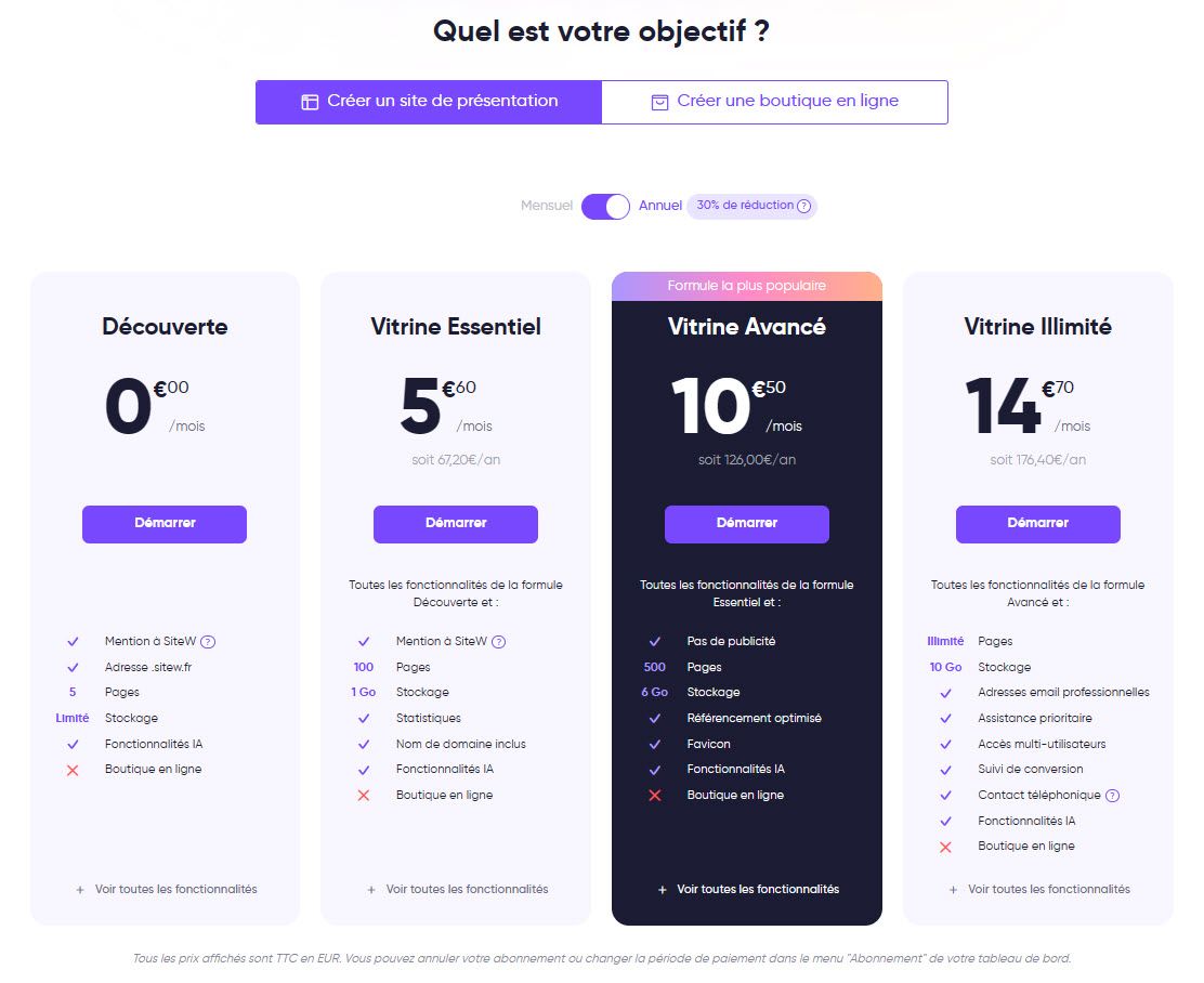 Formules pour créer un site web chez SiteW