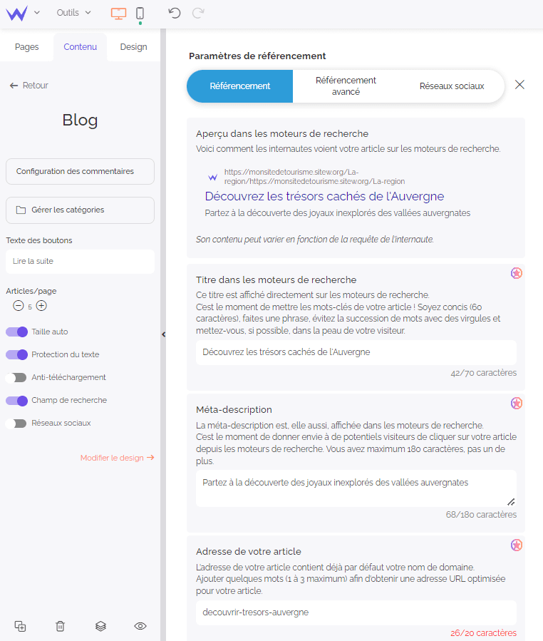 Paramètres SEO du module Blog de SiteW