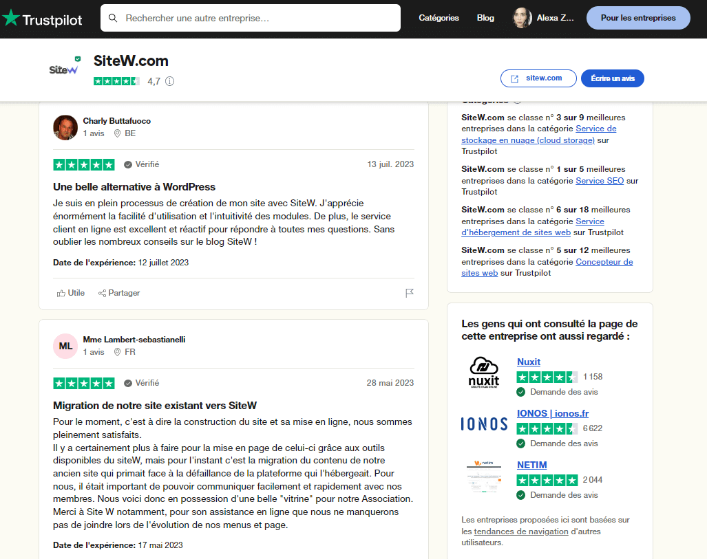 Avis clients sur SiteW sur la plateforme Trustpilot