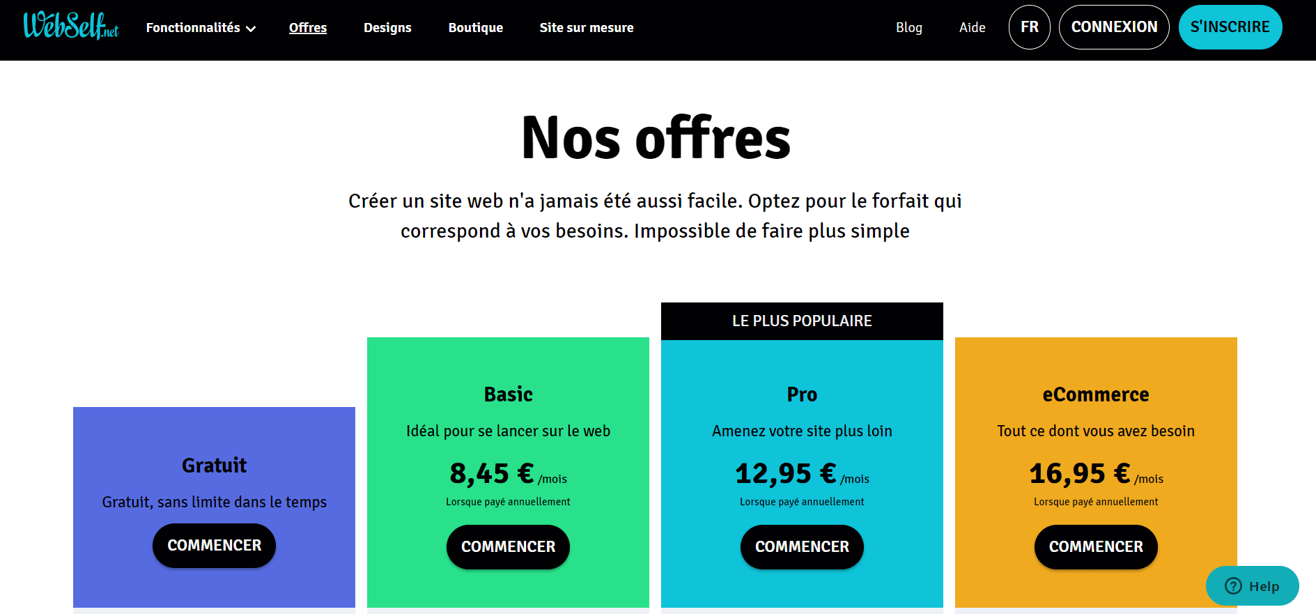 Formules de Webself pour créer un site ou une boutique en ligne