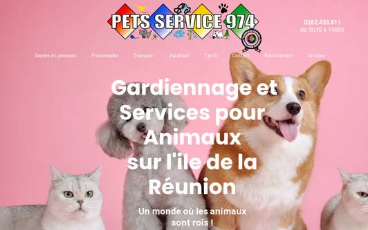 Ejemplo de sitio web PET&#39;S SERVICE 974 est le spécialiste Professionnel n°1 de la PENSION, GARDE, PROMENADE et SERVICES pour chien et chat sur l&#39;ile de la Réunion (974) ainsi que pour tout les Animaux de compagnie: chien, chat, poisson, rongeur, oiseau
